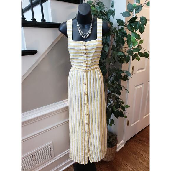 Rachel Zoe Long Maxi Dress Womens 6 Yellow Striped Linen Wide Strap Button Front - Picture 1 of 13